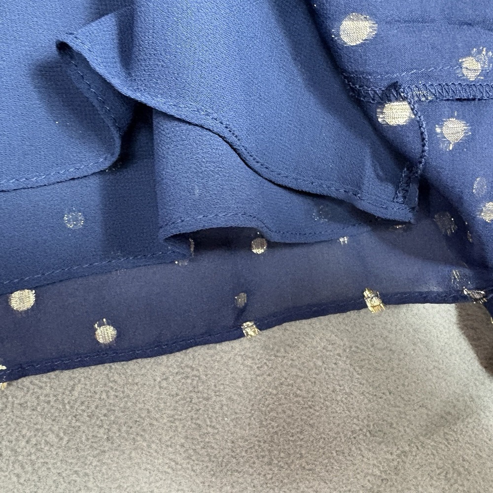 Lilly Pulitzer Size Large Navy 100% Silk Metallic Dot Blouse Long Sleeve Ruffle - Picture 5 of 9